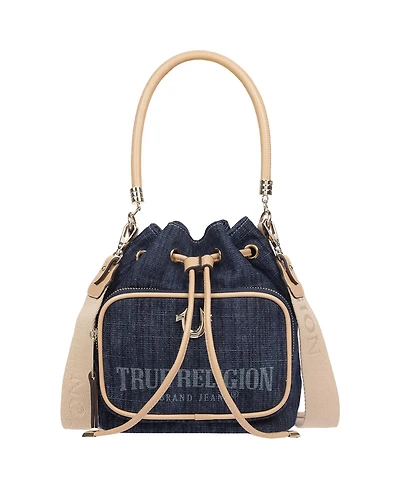 True Religion Bryce Denim and Pu Bucket Bag - Women s Designer Drawstring Bucket Handbag with Crossbody Strap