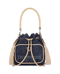 True Religion Bryce Denim and Pu Bucket Bag - Women s Designer Drawstring Bucket Handbag with Crossbody Strap