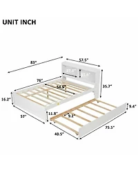 Sailvan Full Platform Bed with Trundle and Storage Bookcase Headboard, Solid Pine Wood