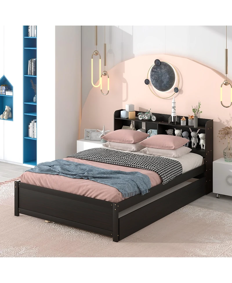 Sailvan Full Platform Bed with Trundle and Storage Bookcase Headboard, Solid Pine Wood