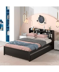 Sailvan Full Platform Bed with Trundle and Storage Bookcase Headboard, Solid Pine Wood