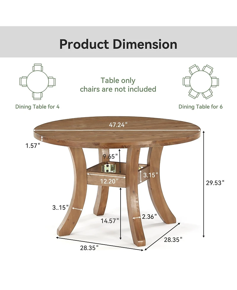 Tribesigns 47" Solid Wood Round Dining Table for 4-6, Farmhouse Circle Kitchen Table with Unique Curved Legs
