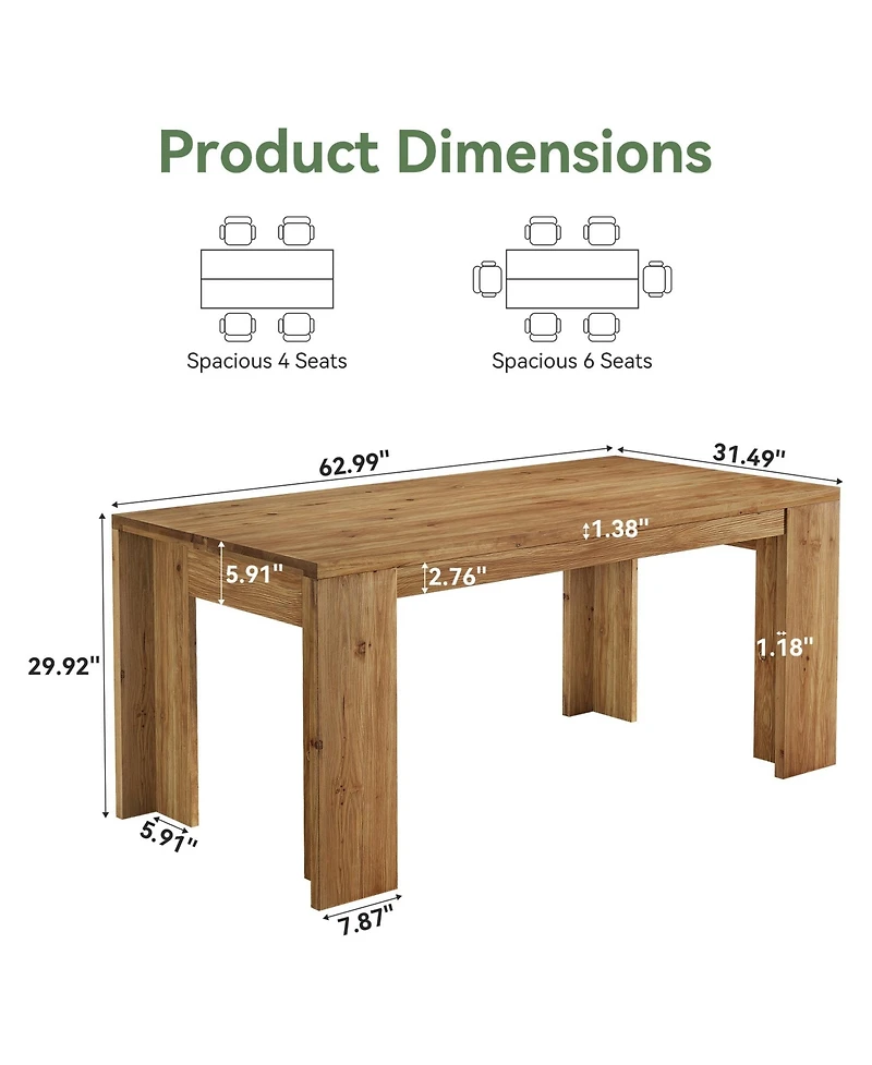 Tribesigns 63 Inches Solid Wood Dining Table for 4-6, Farmhouse Rectangular Kitchen Dinner Table with Heavy-Duty Legs