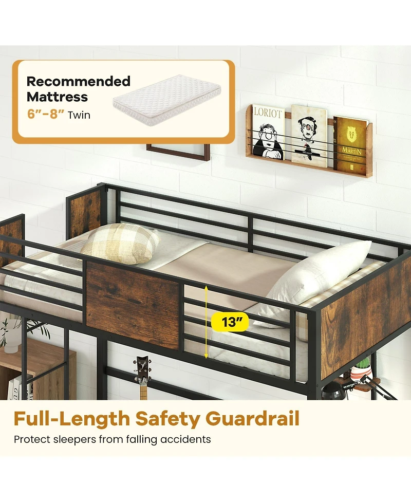Slickblue Twin Loft Bed Frame with Ladder and Full Safety Guardrails