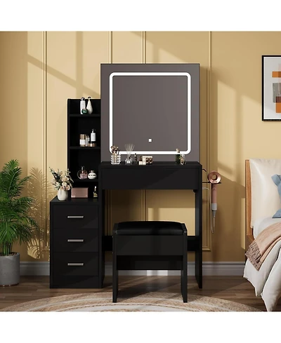 gaomon Vanity Set with Sliding Mirror,3-Level Dimmable Lighting, Stool,Power Outlet,HairdryerHolder,Storage Cabinet Open Shelves & 4 Drawers
