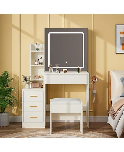 gaomon Vanity Set with Sliding Mirror,3-Level Dimmable Lighting, Stool,Power Outlet,HairdryerHolder,Storage Cabinet Open Shelves & 4 Drawers