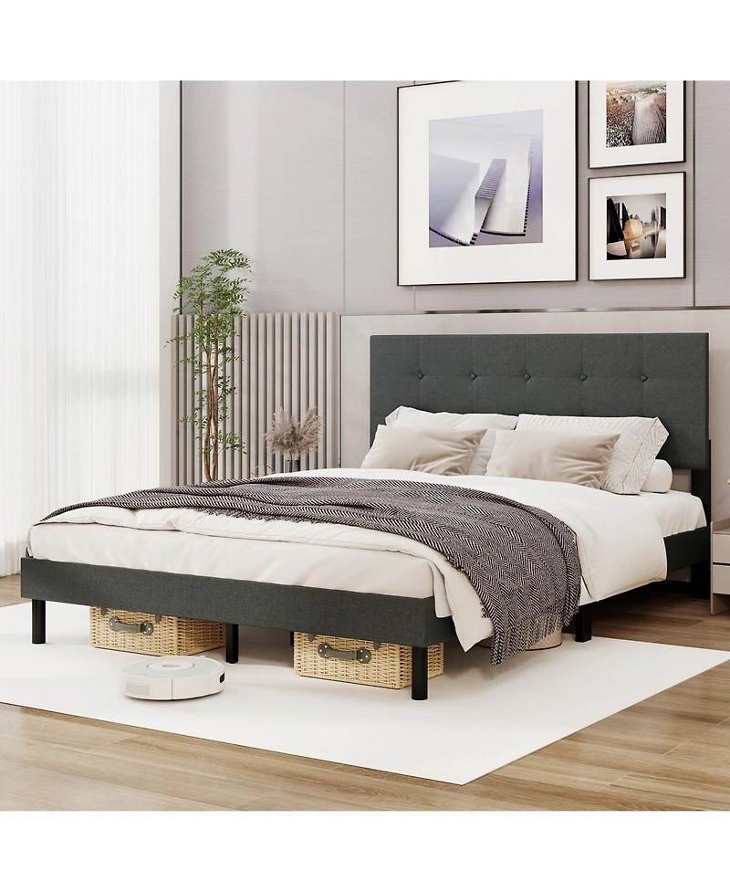 Slickblue Linen Upholstered Platform Bed Frame for Bedroom, Minimalist Modern Bed Design