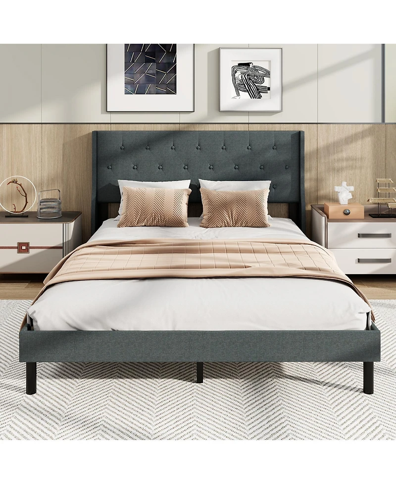 Slickblue Wingback Upholstered Bed Frame with Button Tufted Headboard and Mattress Foundation