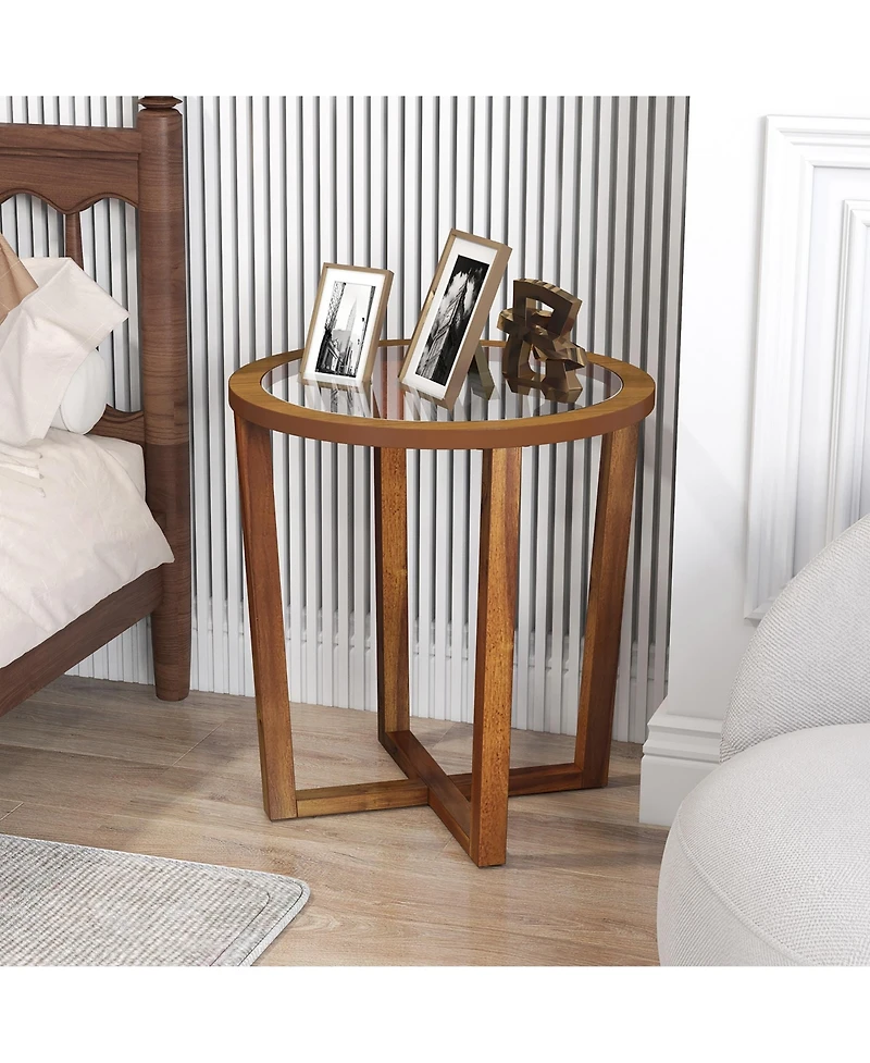 Gymax Modern Round End Table w/ Transparent Tempered Glass Top Solid Acacia Wood Legs