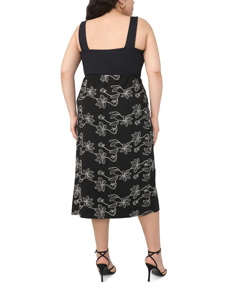 Vince Camuto Plus Floral Embroidered Pull-On Midi Skirt