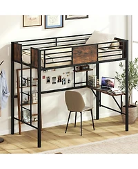 Gymax Twin Loft Bed with Desk Heavy-Duty Metal Bed Frame with Safety Guardrail and Ladder