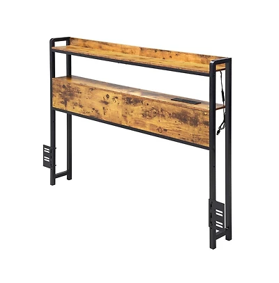 Sugift Full Size Headboard with Led Lights and 2 Storage Shelves, Freestanding Headboard with Charging Station for Various Bed Frames