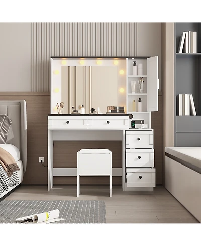 Homfan Led Lighted Vanity Desk Set with Charging Station - Wooden Makeup Table with 5 Drawers and Cabinet, Adjustable 3-Color Mirror, Comfort Stool