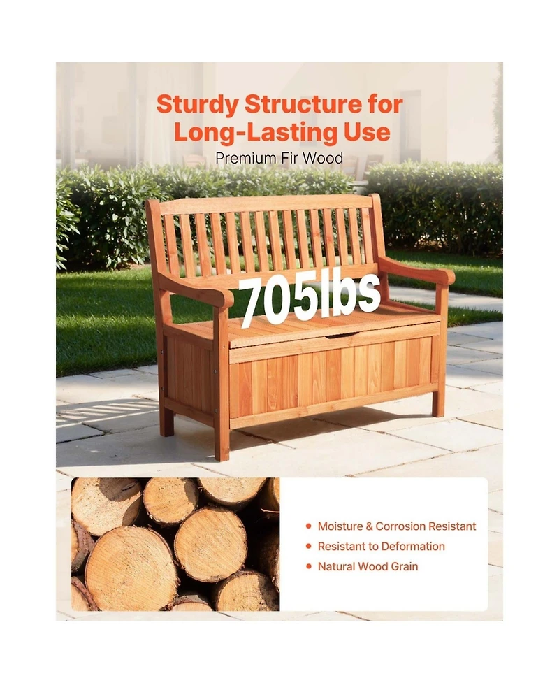 Sugift Outdoor Storage Bench 2-Person Wooden Storage Bench 33 Gallons Deck Box with Side Handle