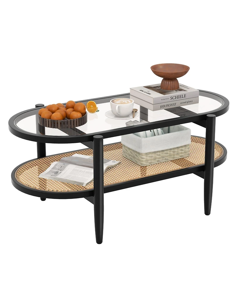 Sugift 2-Tier Coffee Table with Tempered Glass Tabletop and Acacia Wood Frame
