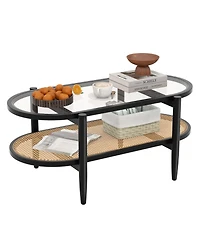 Sugift 2-Tier Coffee Table with Tempered Glass Tabletop and Acacia Wood Frame