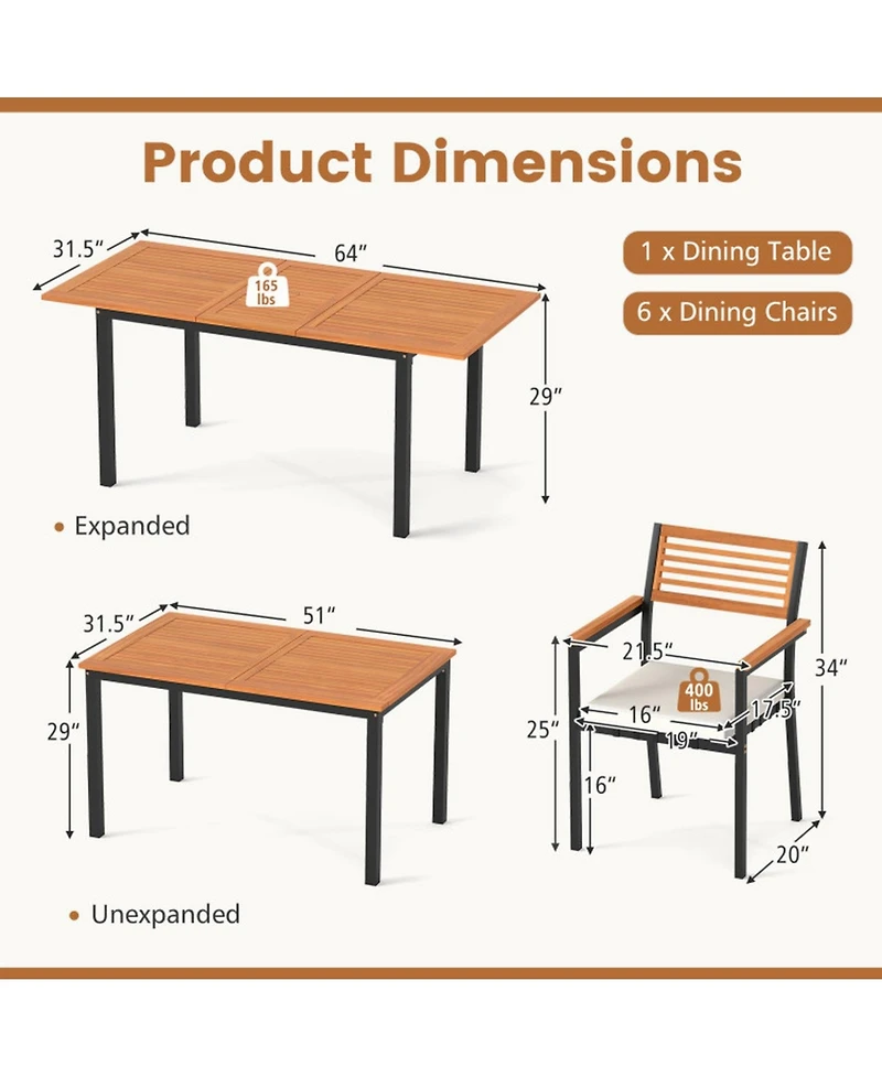 Gouun 7-Piece Expandable Acacia Wood Patio Dining Set with Cushions and Umbrella Hole