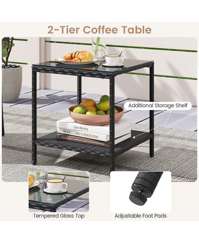 Gouun 3-Piece Pe Rattan Patio Chair Set with Tiered Glass Side Table and Seat Cushions