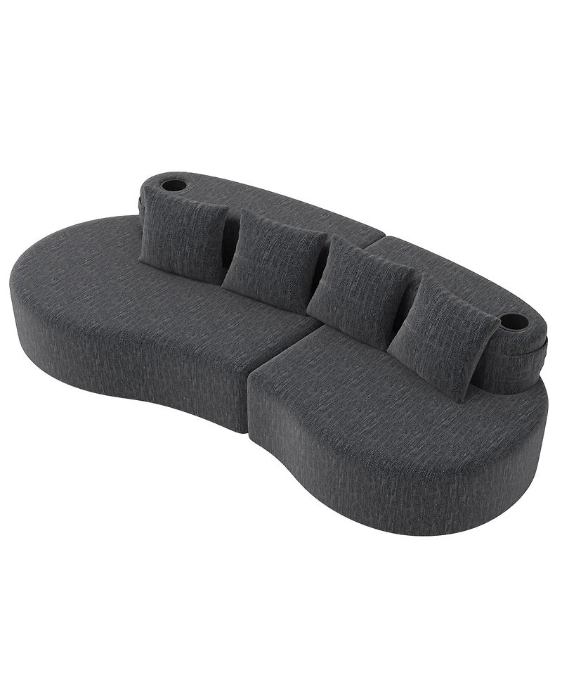 Rainsken 3-Person Modular Half Moon Sofa, Sleek Curved Sectional Couch with Chenille Fabric, Cup Holders and Side Storage Pockets for Living Room
