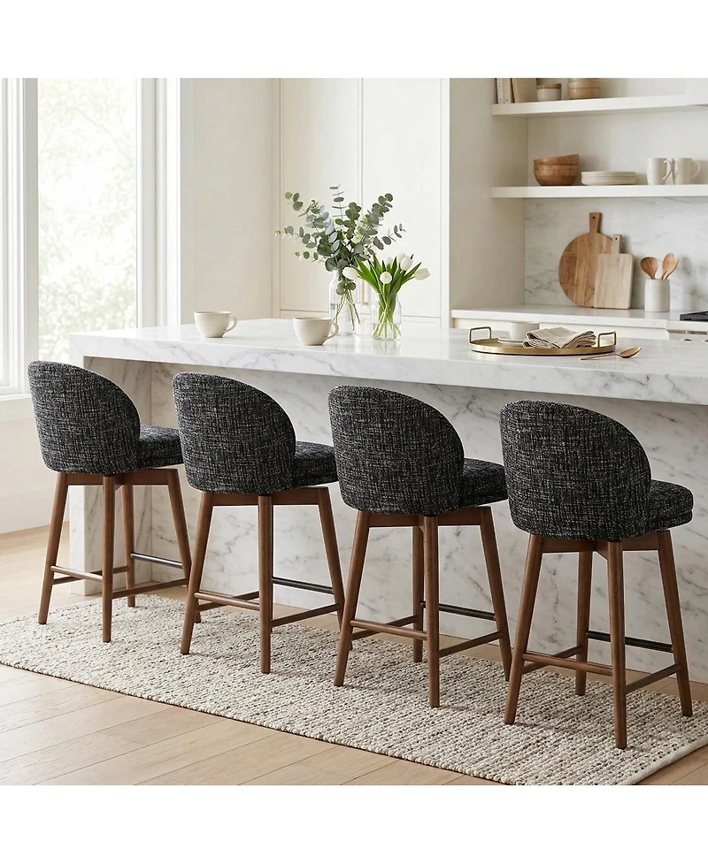 Maison Boucle Set of 4 Chenille Swivel Counter Height Stools, Walnut Wood Legs