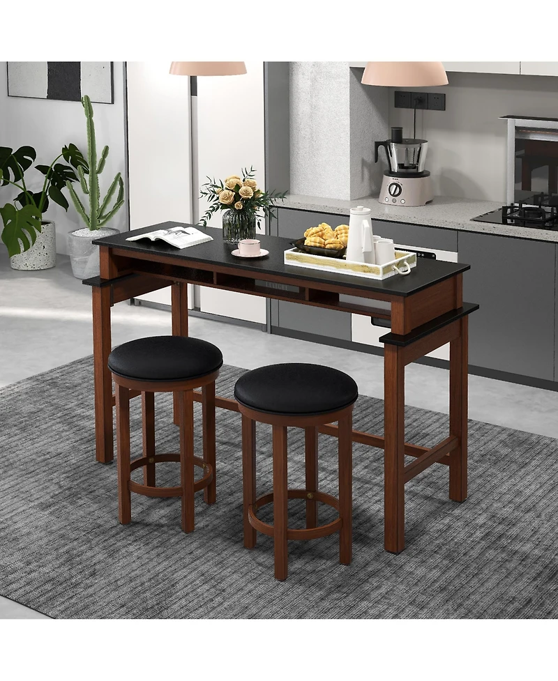 Gymax 3-Piece Home Bar Set Counter Height Bar Table with 2 Upholstered Bar Stools