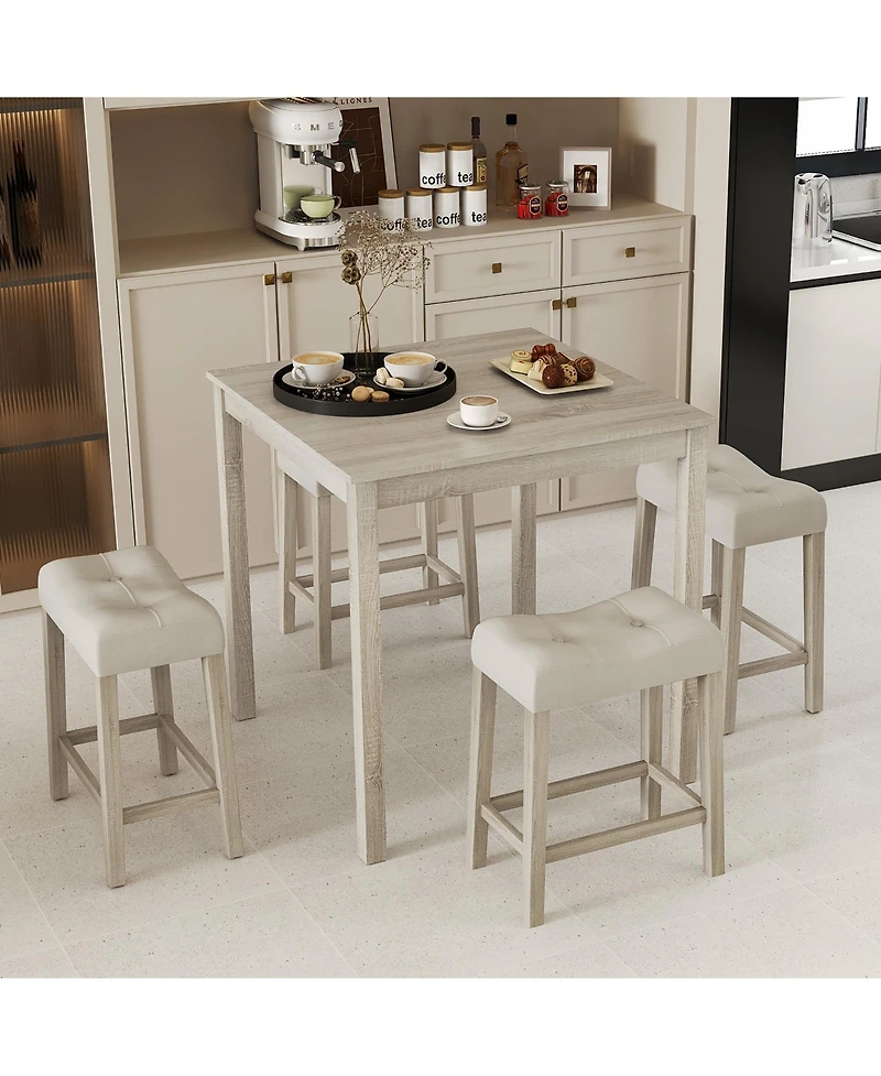 Gymax 5 Pcs Square Bar Table Set for 4 with Padded Stools Rubber Wood Legs for Kitchen