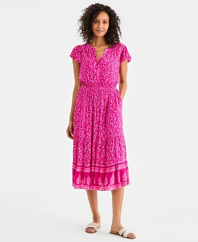 Style & Co Petite Printed Split-Neck Short-Sleeve Midi Dress, Macy's Exclusive
