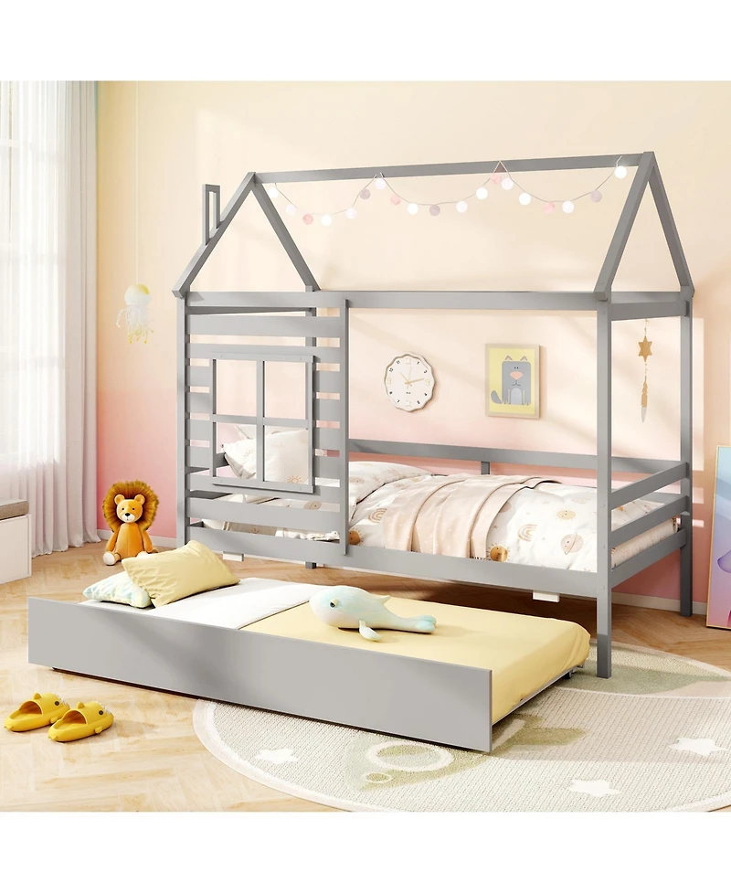 Slickblue Wooden House Bed with Trundle and Roof Platform Frame