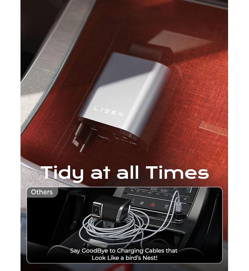 Lisen Retractable Car Charger 69W, 4-Port Fast Charging Car Adapter with Usb-c and Usb-a, Multi Device Charger for iPhone, Samsung, Tablets