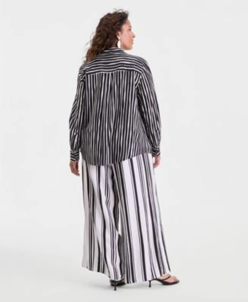 I.N.C. International Concepts Plus Size Striped Button Up Top Striped High Rise Wide Leg Pants