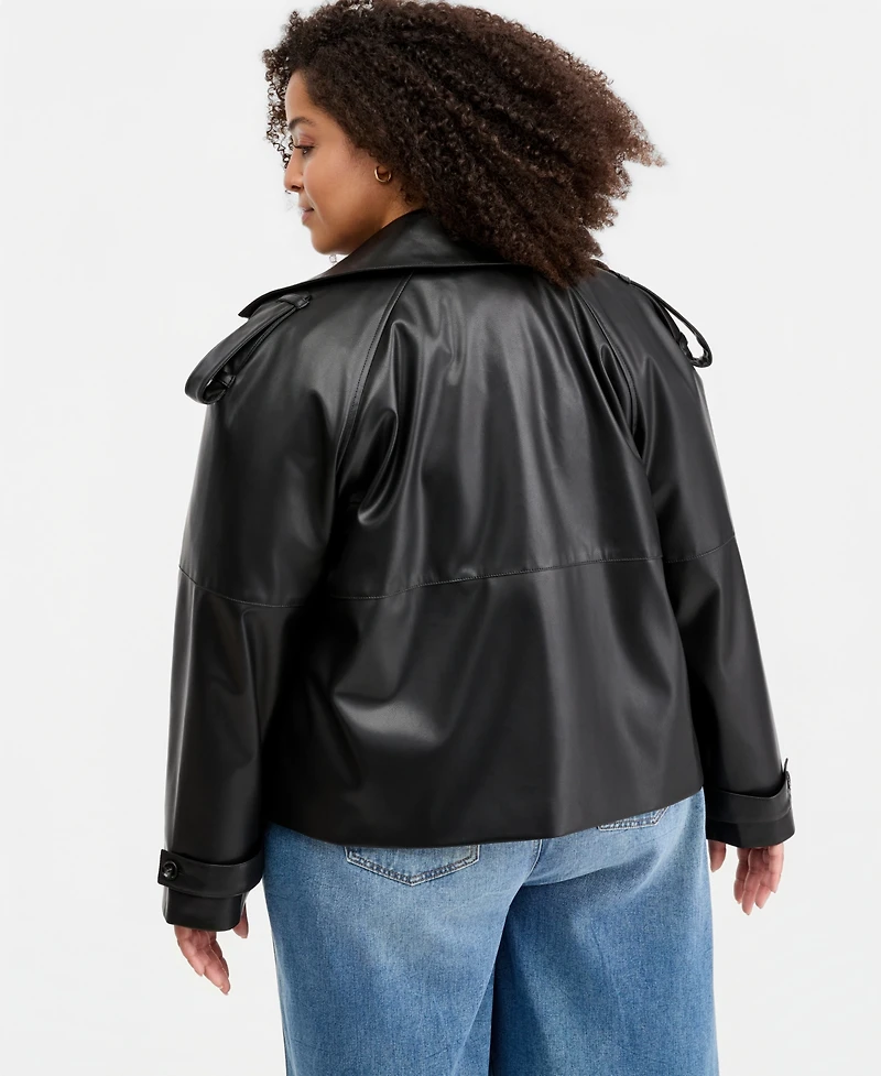 Maralyn & Me Trendy Plus Cropped Double-Breasted Faux-Leather Trench Coat
