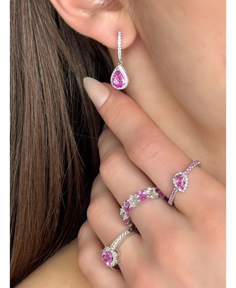 Suzy Levian New York Sterling Silver Sapphire Pear Shape Halo Dangling Earrings