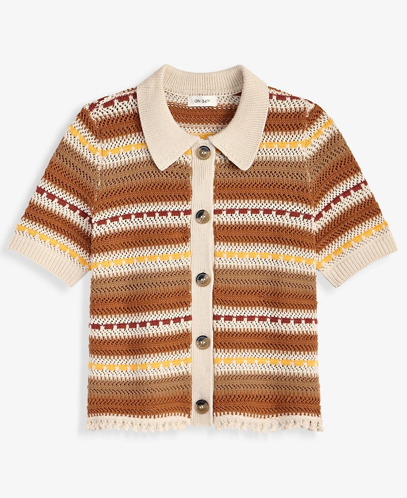 On 34th Women's Textured Stripe Short-Sleeve Collared Cardigan, Macy's Exclusive