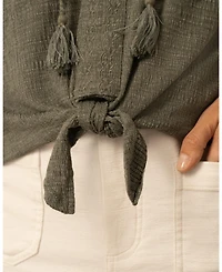 Cable & Gauge Women's Embroidered Split Neck Tie Top