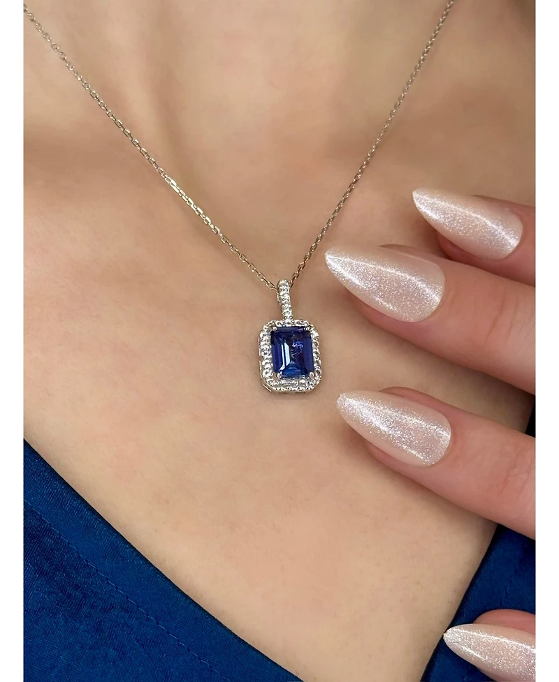 Suzy Levian Sterling Silver Emerald Cut Sapphire Halo Pendant