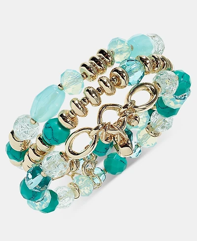 Anne Klein Gold-Tone 3-Pc. Beaded Stone Charm Stretch Bracelet