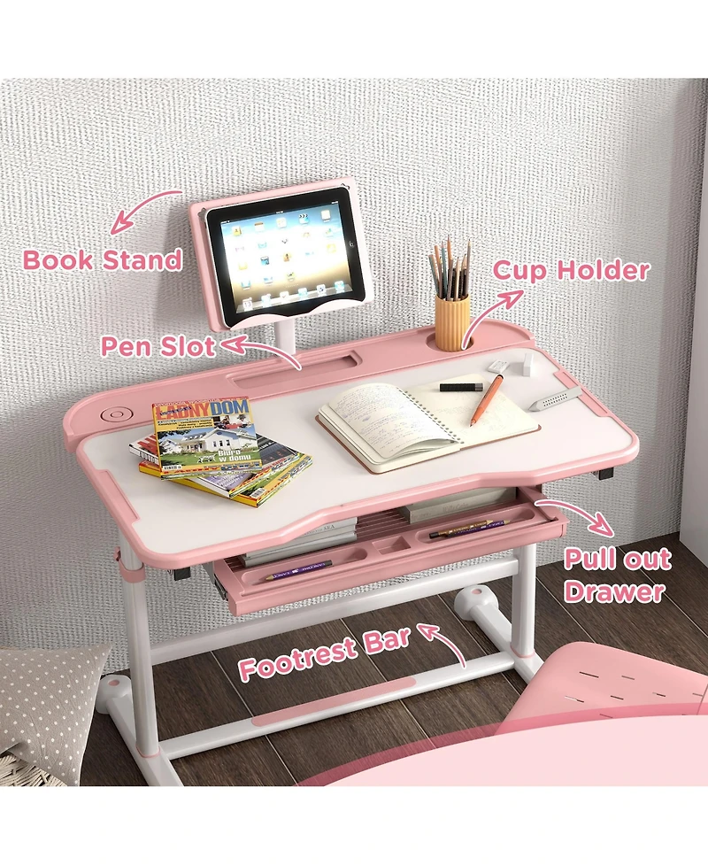 Qaba Adjustable Kids Desk and Chair Set with Tilt Desktop, Storage,
