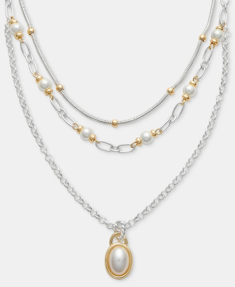 Anne Klein Two-Tone Chain Faux Imitation Pearl Multi-Row Pendant Necklace