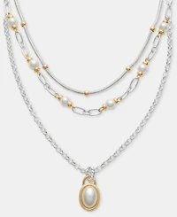 Anne Klein Two-Tone Chain Faux Imitation Pearl Multi-Row Pendant Necklace