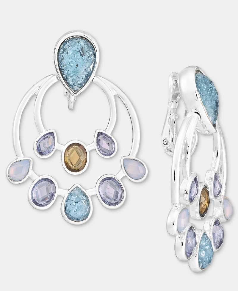 Anne Klein Silver-Tone Blue Stone Stationed Drop Ez Comfort Clip Earrings