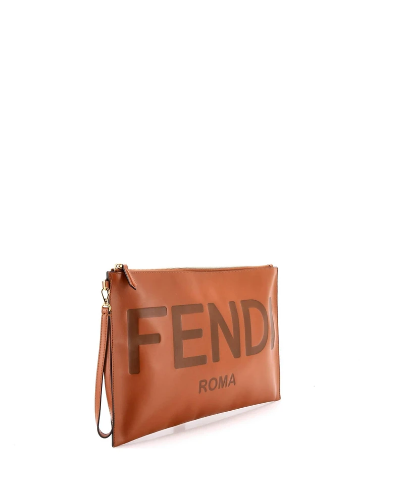 Pre-Owned Fendi Large Logo Flat Wristlet Pouch Embossed Leather