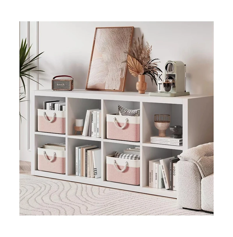 Gouun 4 Pack Collapsible Fabric Storage Bins with Rope Handles, Cotton Linen Storage Baskets for Closet Shelves