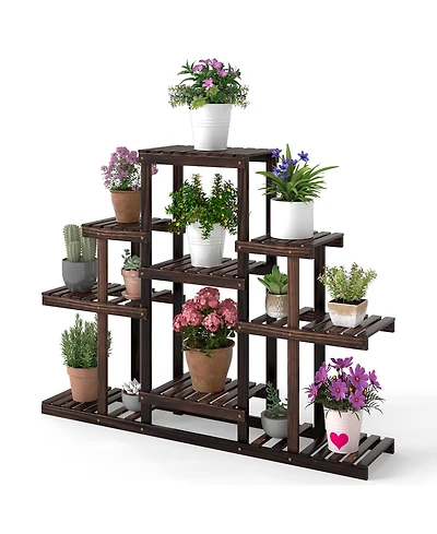 Gouun 47 in. Tiered Corner Wood Plant Shelf with 9 Pot Holders