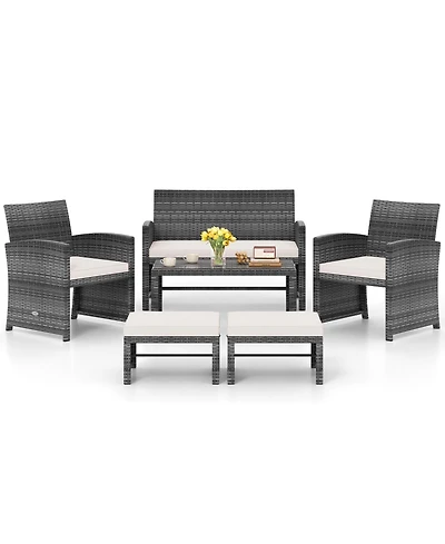 Sugift 6-Piece Outdoor Pe Rattan Sectional Sofa Set with Glass Coffee Table