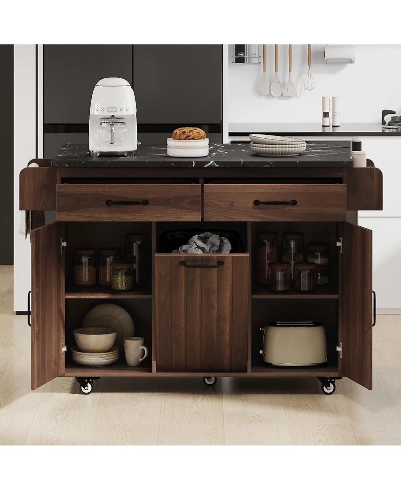 Clihome Mobile Kitchen Island Cart Foldable Top, Convertible to Fixed Cabinet with Trash & Storage