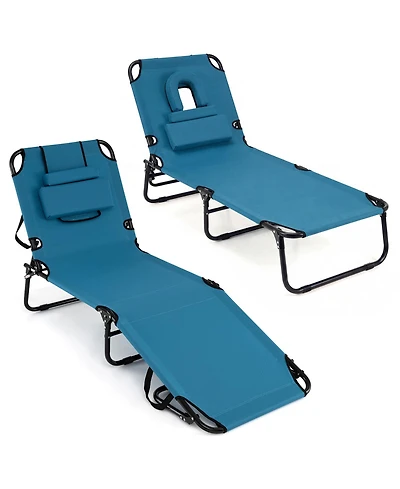 Gymax 2PCS Folding Beach Sun Lounger w/Face Hole Removable Pillows 4-Position Backrest