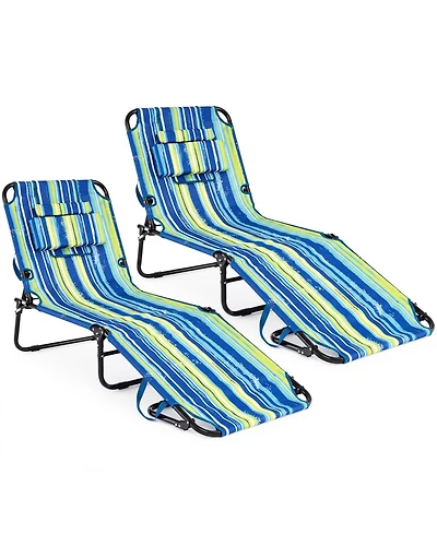 Gymax 2PCS Folding Beach Sun Lounger w/Face Hole Removable Pillows 4-Position Backrest