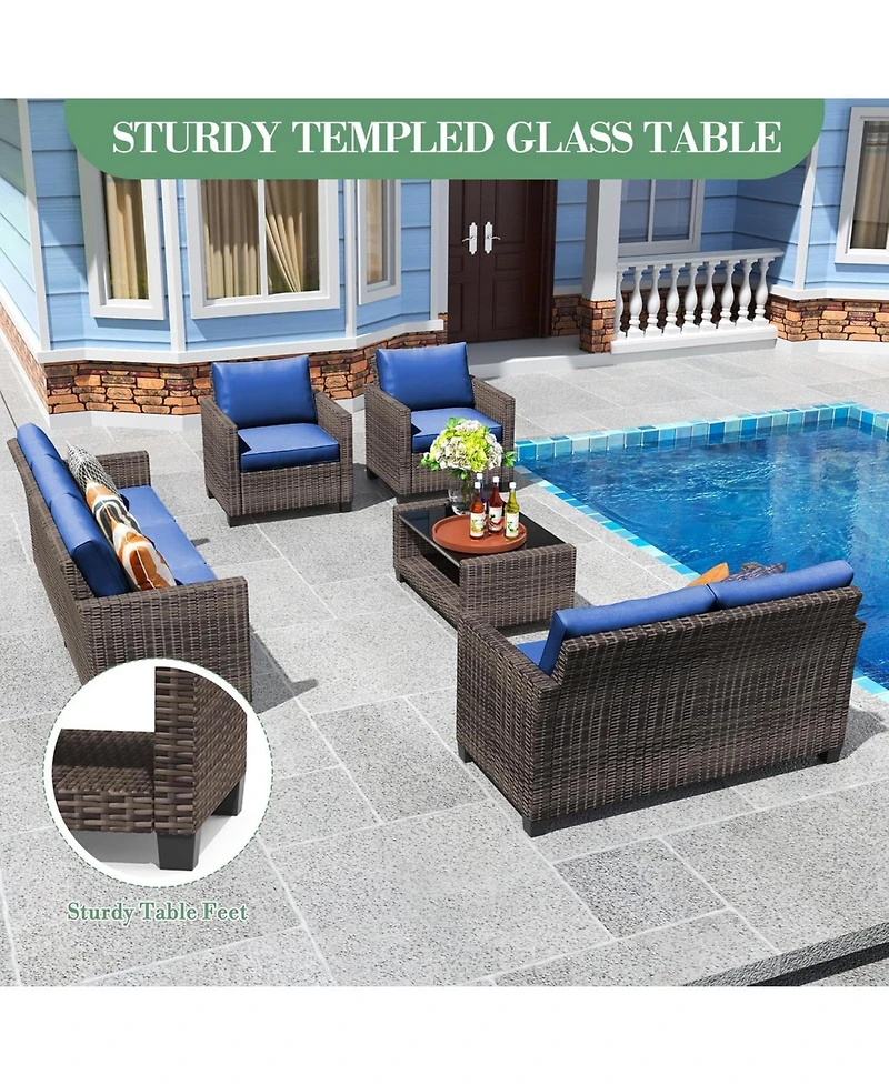 gaomon 5-Piece Outdoor Patio Wicker Sectional Sofa Set with Glass Table
