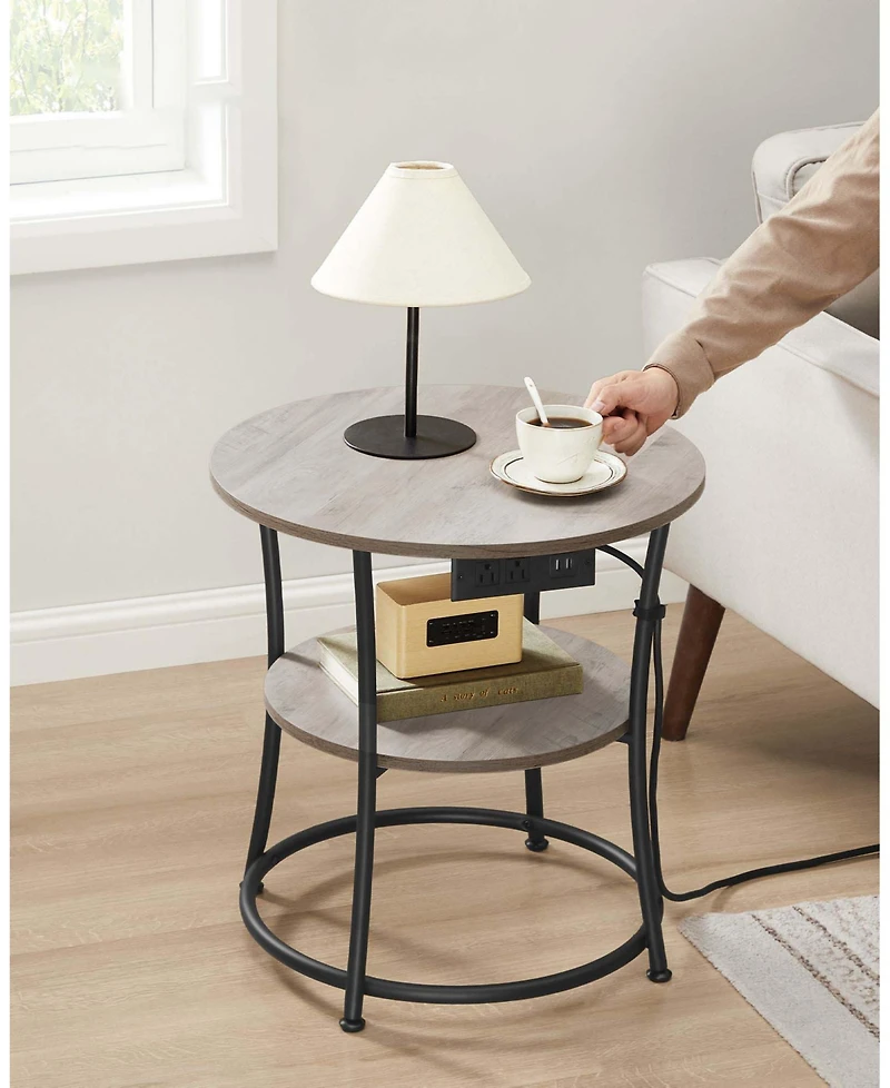 Slickblue 2 Tier Round Side Table with Power Outlets End Storage