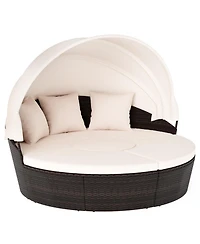 Sugift Rattan Patio Round Daybed with Retractable Canopy and Cushions